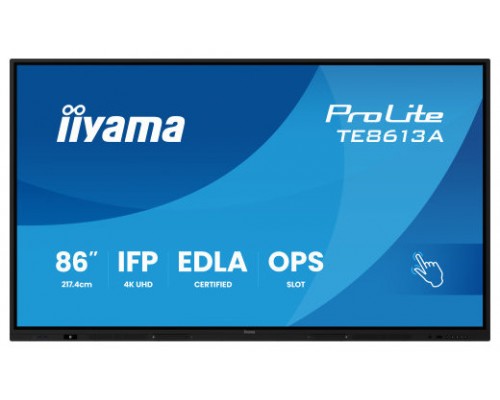 PANTALLA INTERACTIVA 86" EDLA, ANDROID 14, 8/128GB UHD IPS, MM 2X 20W  + 20W SUBWR, 2X HDMI, DP , 2X USB-C,  450CD/M, HORIZ , MEDIA PLAY USB PORTS, ANTIGLARE, LAN, RS232C, IIWARE WIFI-6/BT 5.0, OPS SLOT, VESA 400X400 (MOUNT INCLUDED) (TE8613A-B1AG) (