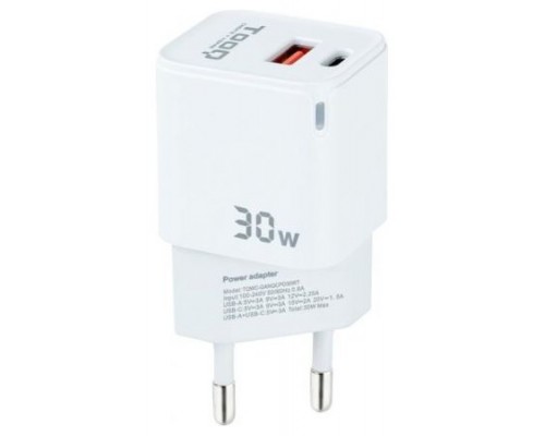 CARGADOR PARED/VIAJE GaN USB-C/PD + USB-A/QC 30W BLANCO TOOQ (Espera 4 dias)