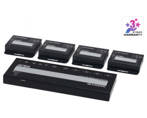 ATEN 4-PORT 4K HDMI CAT 6 SPLITTER WITH 4 RECEIVERS KIT, WITH LOCAL HDMI OUTPUT, IR RECEIVERS, AND POC (Espera 4 dias)